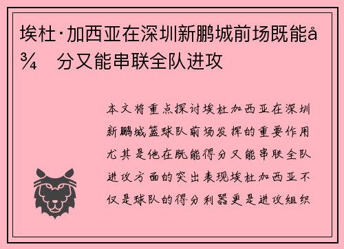 埃杜·加西亚在深圳新鹏城前场既能得分又能串联全队进攻