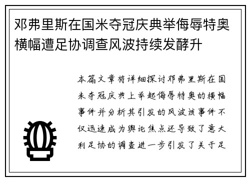 邓弗里斯在国米夺冠庆典举侮辱特奥横幅遭足协调查风波持续发酵升